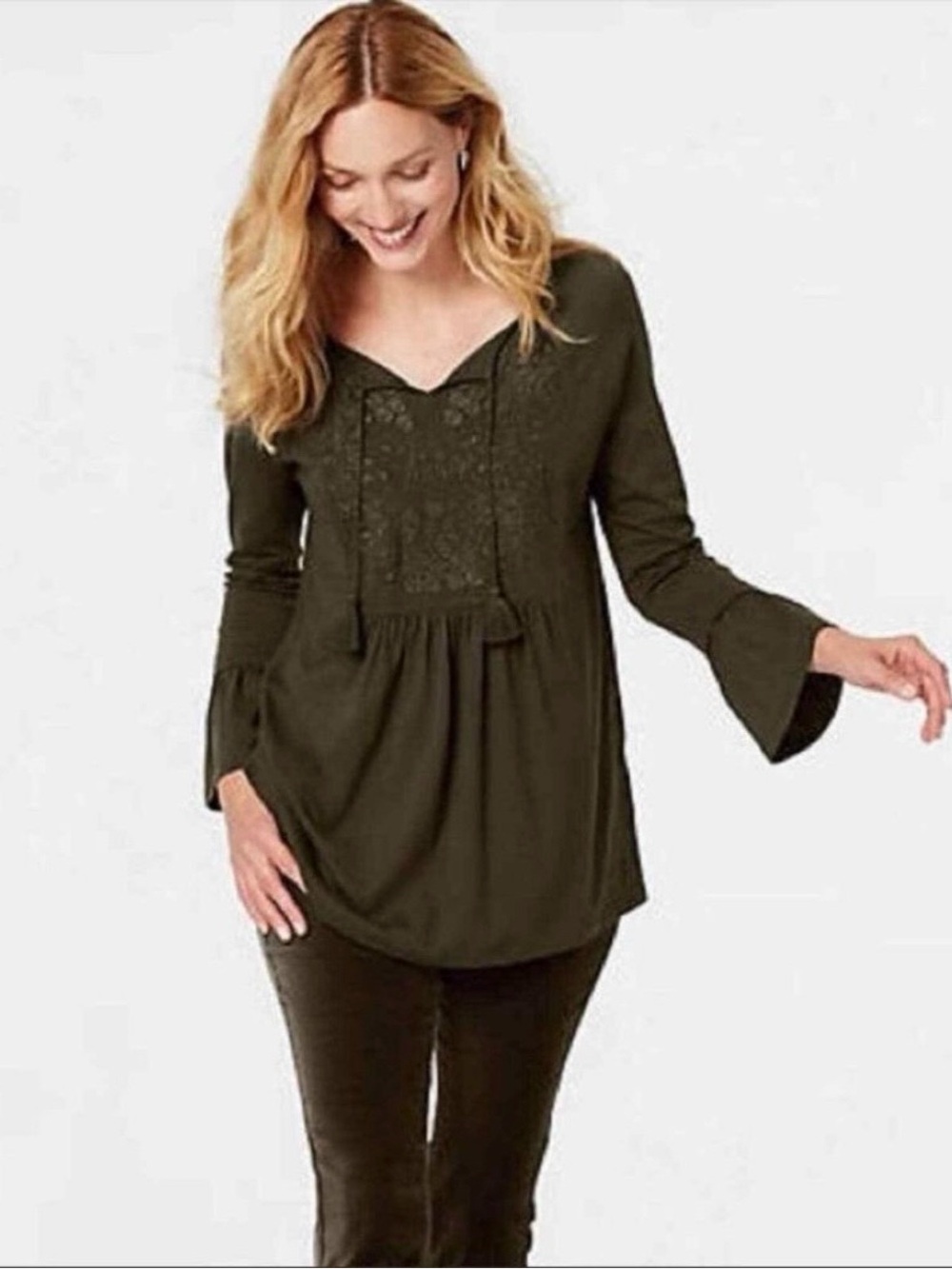 J Jill Olive Embroidered Top